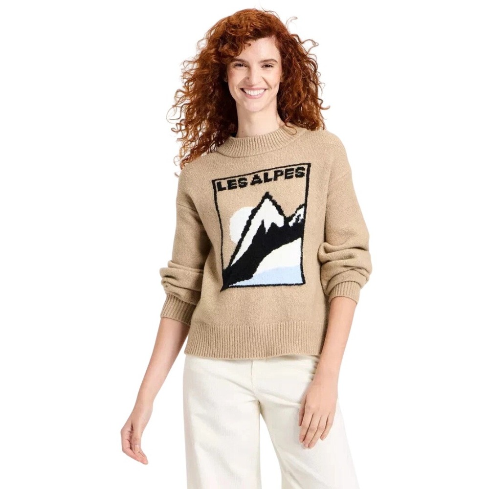 Universal Thread Women's Tan Les Alpes Mountain Graphic Sweater Size Small